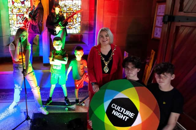 The Mayor of Derry City and Strabane District Council, Sandra Duffy pictured launching Culture Night 2022. The event happens Friday, September 23 from 5pm- late in arts and cultural venues across Derry and Strabane. Included are young skateboarders Lawrence Kearney and Tommy Hanly and young people from Our Space who will run 'Thunder In The Square' an outdoor skateboarding and music event on Guildhall Square as part of the festival. (Photo: JIm McCafferty Photography)