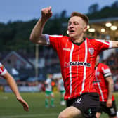 Derry City’s Brandon Kavanagh jumps for joy after his goal against Shamrock Rovers, on Sunday.