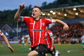 Derry City’s Brandon Kavanagh jumps for joy after his goal against Shamrock Rovers, on Sunday.