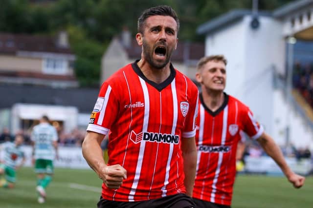 Derry City's Daniel Lafferty celebrates his goal against Shamrock Rovers, on Sunday.