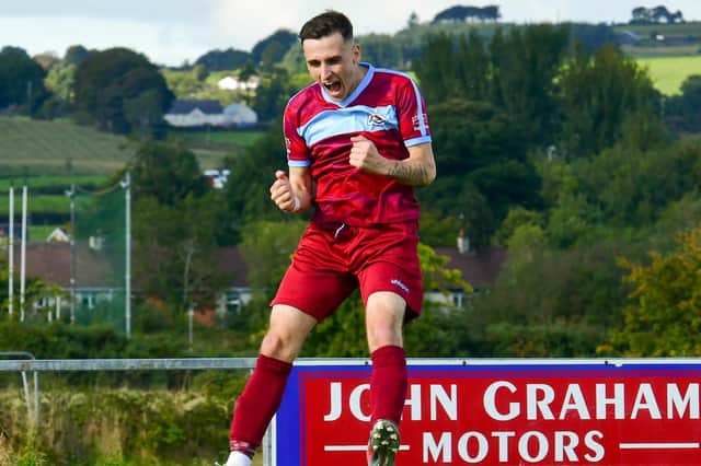 Institute's Jamie Dunne jumps for joy after scoring twice in the second half at Dergview, on Saturday. Picture by Kevin Morrison/Event Images & Video