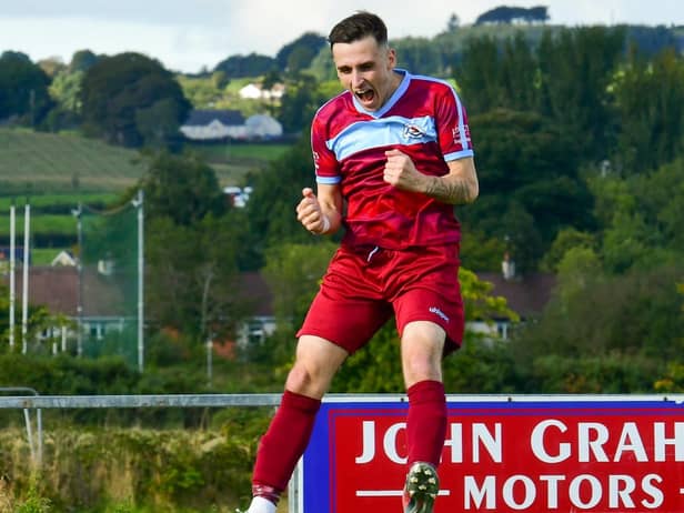 Institute's Jamie Dunne jumps for joy after scoring twice in the second half at Dergview, on Saturday. Picture by Kevin Morrison/Event Images & Video