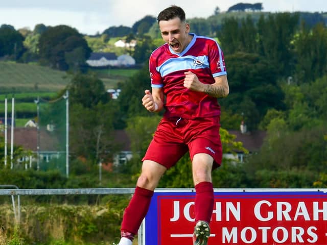 Institute's Jamie Dunne jumps for joy after scoring twice in the second half at Dergview, on Saturday. Picture by Kevin Morrison/Event Images & Video