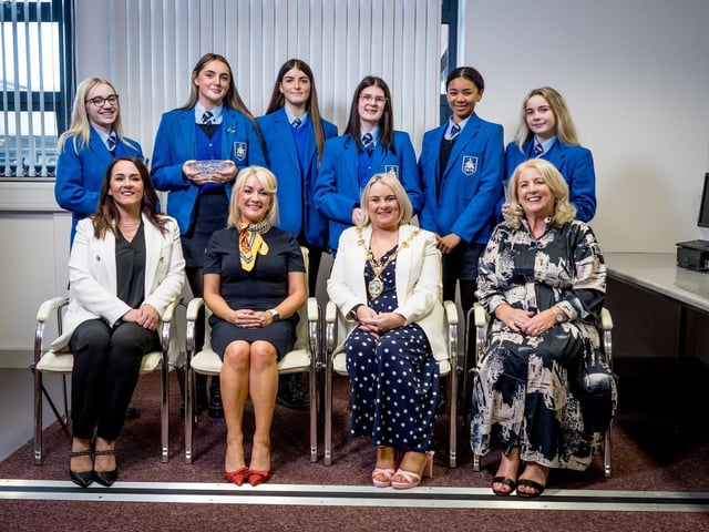 Highest Achieving Senior Prize-winners with Miss Yvonne Connolly, Mrs Dana Mc Donald (Senior Teachers), Sandra Duffy (Mayor of Derry) and Mrs Katrina Kealey (Vice-Principal.)