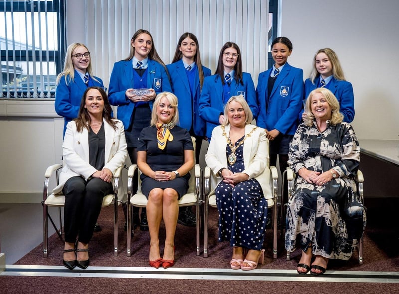 Highest Achieving Senior Prize-winners with Miss Yvonne Connolly, Mrs Dana Mc Donald (Senior Teachers), Sandra Duffy (Mayor of Derry) and Mrs Katrina Kealey (Vice-Principal.)