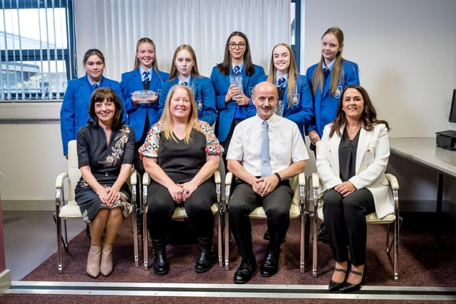 Top Achievers with Mrs Anne Kelly, Yvonne Heaney, Barney Mc Guigan (Reach Across and winner of The School Partnership Award) and Miss Yvonne Connolly (Senior Teacher.)