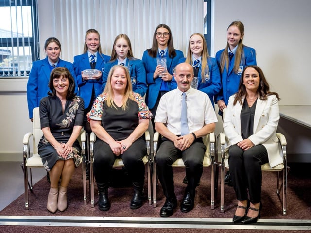 Top Achievers with Mrs Anne Kelly, Yvonne Heaney, Barney Mc Guigan (Reach Across and winner of The School Partnership Award) and Miss Yvonne Connolly (Senior Teacher.)