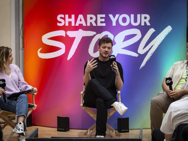 The panellists taking questions from the Year 13 students at the St. Columb's College 'BBC Share Your Story' event.