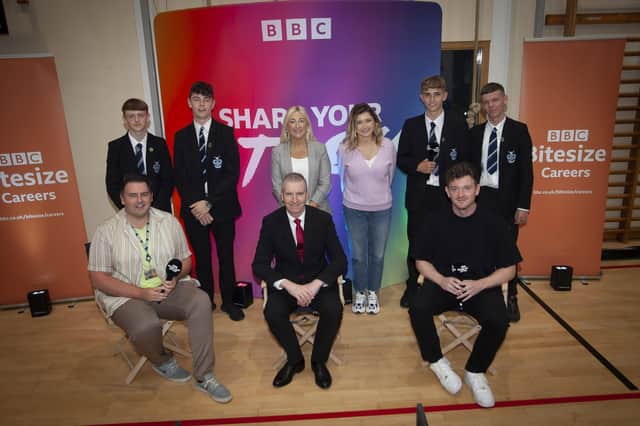 BBC SHARE YOUR STORY. . . . . .  Mr FJM Madden, Principal, St. Columb's College (centre) and Mrs. Stacey Beattie, Head of Careers and Senior Teacher, pictured with some of the Year 13 students who took part in the recent BBC 'Share Your Story' workshops at the College. Included are speakers Dean McLaughlin, David Johnston and Kathryn Wilson, presenter. (Photos: Jim McCafferty Photography)