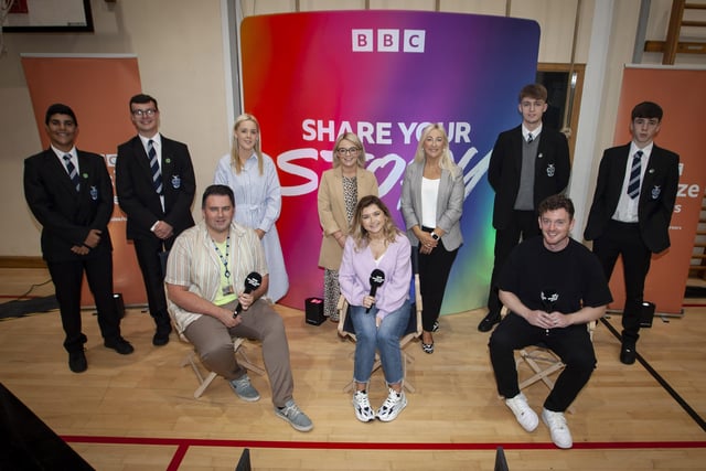 Year 13 pupils pictured at a recent BBC  Share your story Roadshow with Mrs Léan McShane, Head of Subject ICT, Ms Leanne McErlaine, Head of Subject Business Studies and Mrs Stacey Beatty, Head of Careers/Senior Teacher. Included are speakers Dean McLaughlin, David Johnston and presenter Kathryn Wilson.