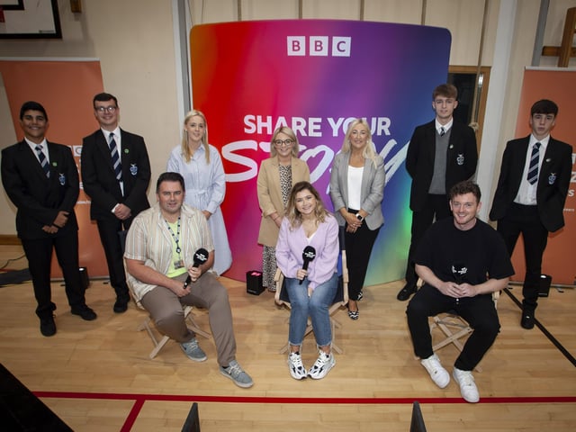 Year 13 pupils pictured at a recent BBC  Share your story Roadshow with Mrs Léan McShane, Head of Subject ICT, Ms Leanne McErlaine, Head of Subject Business Studies and Mrs Stacey Beatty, Head of Careers/Senior Teacher. Included are speakers Dean McLaughlin, David Johnston and presenter Kathryn Wilson.