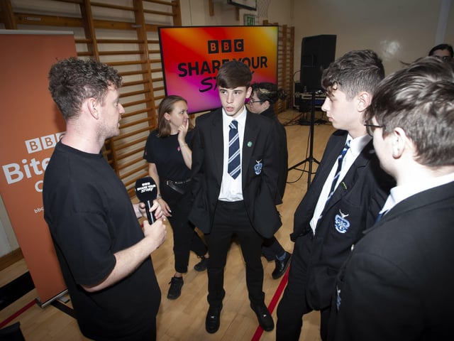 St. Columb's College students in conversation with panellists David Johnston last week.