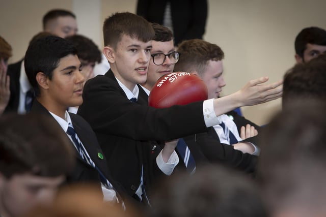 Karl Baldwin, Year 13 student pictured with Rugby Ball, asking a question at the recent Tell Your Story Roadshow event held by the BBC in St Columb's College. (Photos: Jim McCafferty Photography)