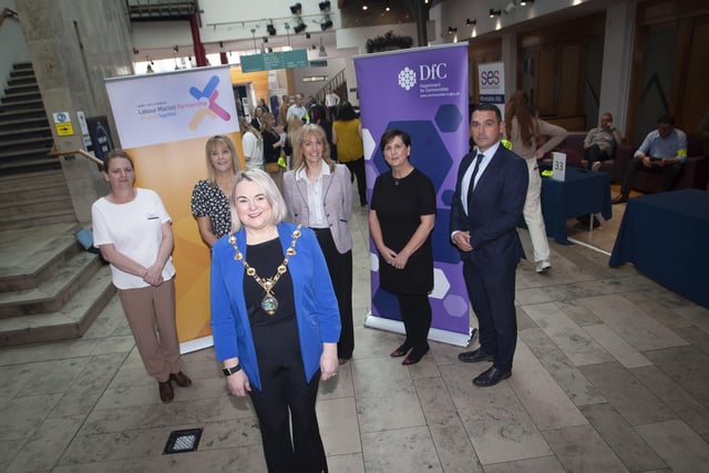 DERRY & STRABANE JOBS FAIR. . . .The Mayor of Derry City and Strabane District Council Sandra Duffy pictured at Thursday's Derry and Strabane Jobs Fair at the Millennium Forum, Derry. At back from left are Nicky Gilleece, DCSDC, Eileen McGrinder, DCSDC, Brenda McDowell, Department for Communities, Charlene McComke, DFC and Joe Lavery, DFC. (Photos: Jim McCafferty Photography)