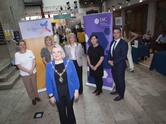 DERRY & STRABANE JOBS FAIR. . . .The Mayor of Derry City and Strabane District Council Sandra Duffy pictured at Thursday's Derry and Strabane Jobs Fair at the Millennium Forum, Derry. At back from left are Nicky Gilleece, DCSDC, Eileen McGrinder, DCSDC, Brenda McDowell, Department for Communities, Charlene McComke, DFC and Joe Lavery, DFC. (Photos: Jim McCafferty Photography)