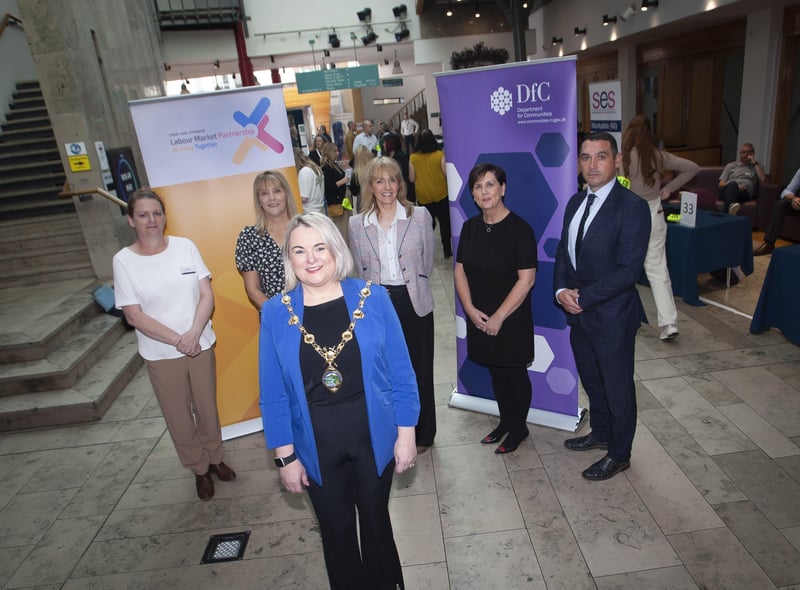 DERRY & STRABANE JOBS FAIR. . . .The Mayor of Derry City and Strabane District Council Sandra Duffy pictured at Thursday's Derry and Strabane Jobs Fair at the Millennium Forum, Derry. At back from left are Nicky Gilleece, DCSDC, Eileen McGrinder, DCSDC, Brenda McDowell, Department for Communities, Charlene McComke, DFC and Joe Lavery, DFC. (Photos: Jim McCafferty Photography)