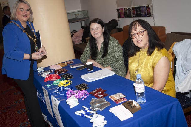 Mayor Sandra Duffy pictured at the Medicare Pharmacy Group stall with Samantha Cromie and Anne McVeigh during Thursday's Derry Strabane Jobs Fair.