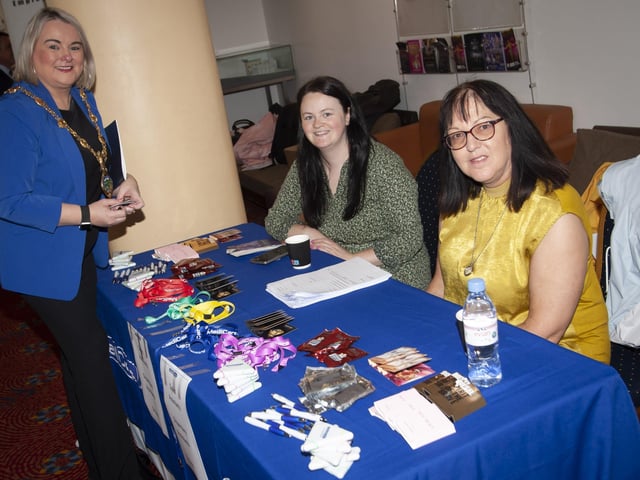 Mayor Sandra Duffy pictured at the Medicare Pharmacy Group stall with Samantha Cromie and Anne McVeigh during Thursday's Derry Strabane Jobs Fair.