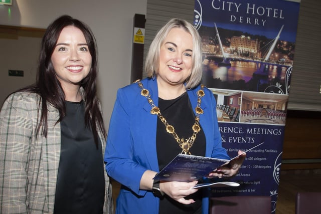 Rachel Hegarty at the City Hotel, Derry stall, pictured chatting to Mayor Sandra Duffy at Thursday's Jobs Fair.