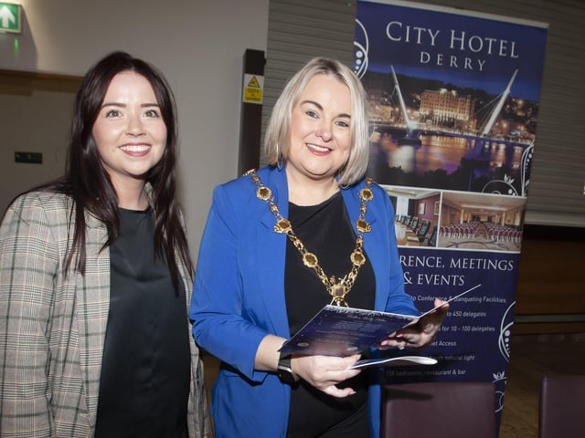 Rachel Hegarty at the City Hotel, Derry stall, pictured chatting to Mayor Sandra Duffy at Thursday's Jobs Fair.
