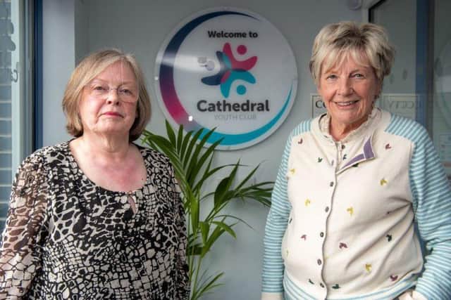 Patsy O'Kane with Jeannette Warke at the Cathedral Youth Club, where Patsy has been taking computer classes.
