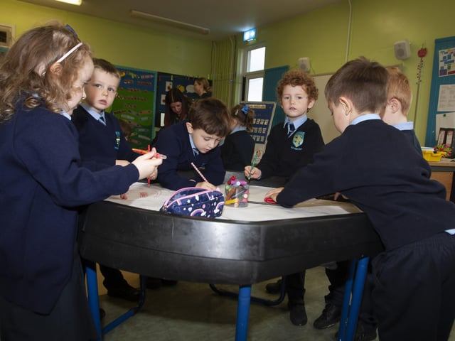 Mrs. Deborah White's P1 pupils having fun while learning this week at Hollybush PS.