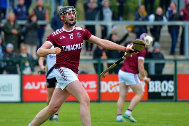 Slaughtneil’s  Jerome McGuigan celebrates scoring a goal against Kevin Lynch’s in the Derry SHC Final at Owenbeg on Sunday afternoon last. Photo: George Sweeney.  DER2239GS – 022