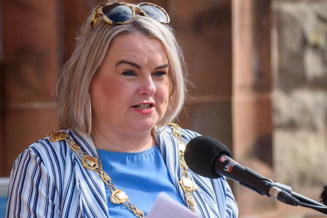 Councillor Sandra Duffy, Mayor of Derry City and Strabane District Council hosted a public rally  in Guildhall Square on Saturday to highlight the Cost of Living Crisis. Picture Martin McKeown. 24.09.22