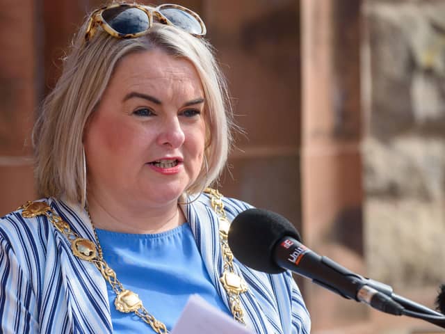 Councillor Sandra Duffy, Mayor of Derry City and Strabane District Council hosted a public rally  in Guildhall Square on Saturday to highlight the Cost of Living Crisis. Picture Martin McKeown. 24.09.22