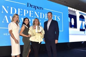 The team from the Re:Imagine Pop Initiative receiving the Drapers Independent Community Champion Award for 2022 at Grosvenor House, London. From left are Leeann Doherty, Business Officer at Derry City and Strabane District Council, Catriona Hutton, Proprietor Koto Candles, Deirdre Williams, Fashion Textile and Design Centre and Fergal Rafferty, Manager Foyleside Shopping Centre.