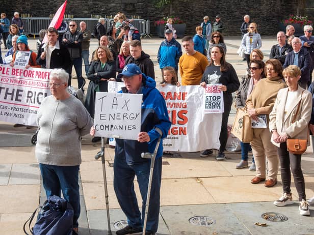 Councillor Sandra Duffy, Mayor of Derry City and Strabane District Council hosted a public rally  in Guildhall Square on Saturday to highlight the Cost of Living Crisis. Picture Martin McKeown. 24.09.22