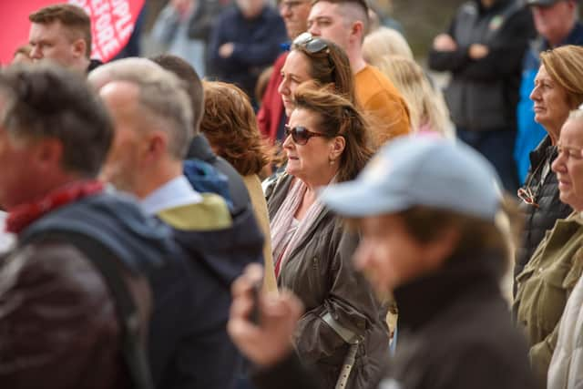 Councillor Sandra Duffy, Mayor of Derry City and Strabane District Council hosted a public rally  in Guildhall Square on Saturday to highlight the Cost of Living Crisis. Picture Martin McKeown. 24.09.22