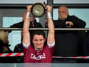 Slaughtneil captain Cormac O’Doherty lifts the Derry Senior Hurling Championship trophy after their victory over Kevin Lynch’s  in Owenbeg on Sunday. Photo: George Sweeney.  DER2239GS – 024