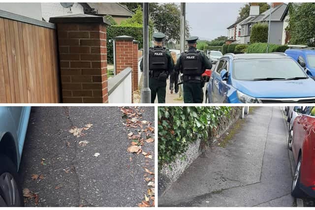 Police on patrol in the area (top) and some of the cars parked in the area (bottom). Images: PSNI