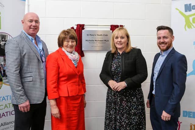 Education Minister Michelle McIlveen at the  official opening the new £3.3million St Mary’s Youth Club, Creggan, Derry. Included are Stevie Mallett, North West Youth Services, Kathleen Doherty, chairperson, St. Mary’s YC, and Peter Nixon, Senior Youth Worker at the club.