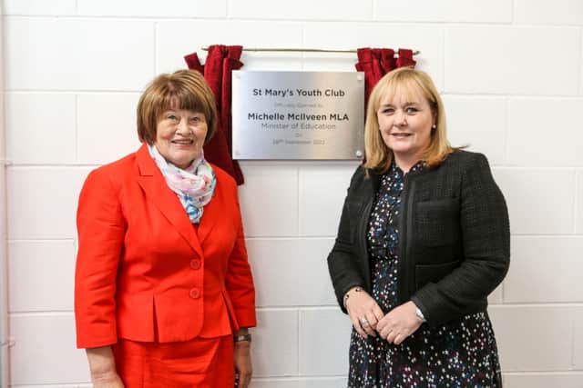 Education Minister Michelle McIlveen and Kathleen Doherty, chairperson, St. Mary’s Youth Club, at the official opening of the new £3.3million St Mary’s Youth Club, Creggan, Derry