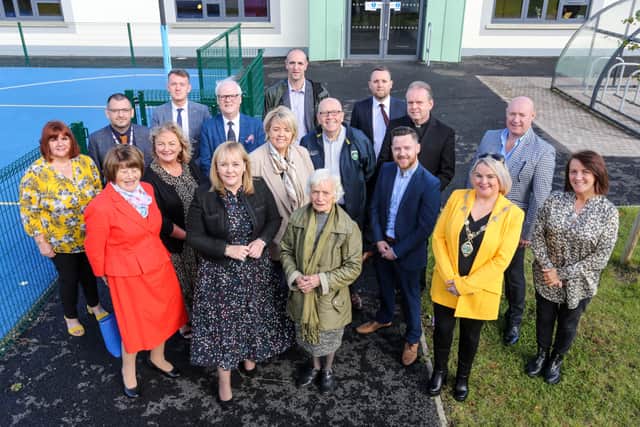 Education Minister Michelle McIlveen with Board of Management, Staff and local political representatives at the  official opening the new £3.3million St Mary’s Youth Club, Creggan, Derry.