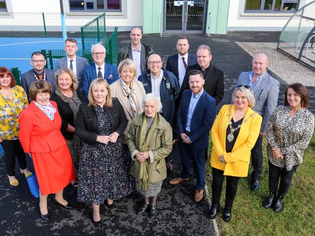 Education Minister Michelle McIlveen with Board of Management, Staff and local political representatives at the  official opening the new £3.3million St Mary’s Youth Club, Creggan, Derry.