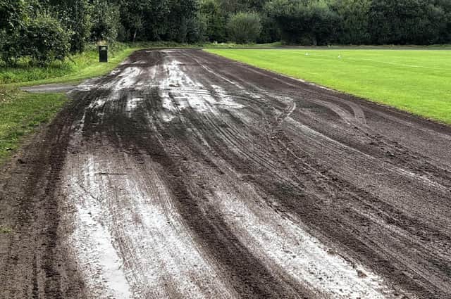 The damage at St. Columb's Park running track caused by heavy rainfall and heavy footfall.
