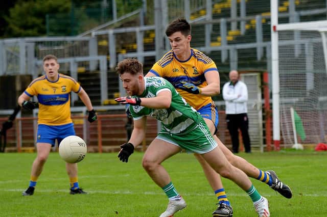 Limavady’s Jack Derry and Faughanvale’s Kyle McGuinness battle during last year's championship. The clubs have contrasting task this weekend, the 'Vale favourites to overcome Castledawson while the Wolfhounds will be underdogs against Glenullin but Photo: George Sweeney.