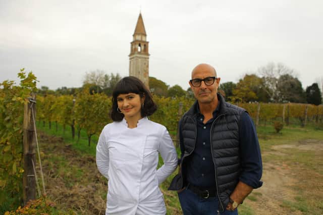 Stanley Tucci and chef Chiara Pavan at Ristorante Venissa in Venice