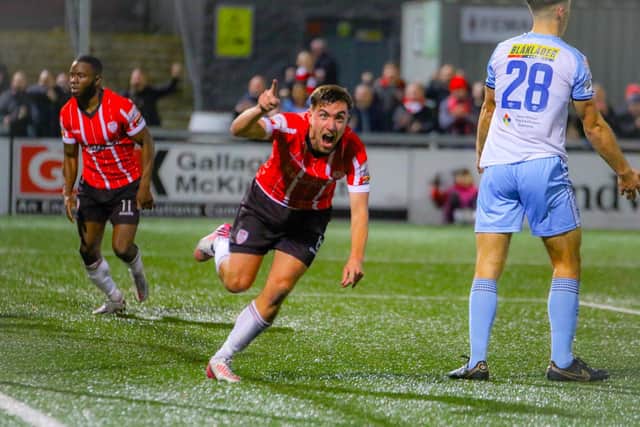 Derry City sub, Joe Thomson scores a late equaliser against Shels. Photo by Kevin Moore.