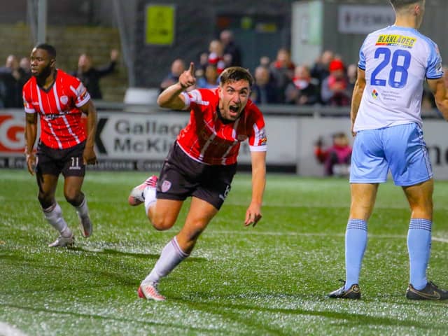 Derry City sub, Joe Thomson scores a late equaliser against Shels. Photo by Kevin Moore.