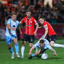 Brandon Kavanagh is thwarted by a resolute Shelbourne defence on Friday night. Photo by Kevin Moore.