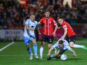 Brandon Kavanagh is thwarted by a resolute Shelbourne defence on Friday night. Photo by Kevin Moore.