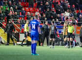 Robbie McCourt sees red and follows Derry City midfielder Sadou Diallo off the pitch in the first half after the two players got involved in an altercation in the middle of the pitch. Photograph by Kevin Moore
