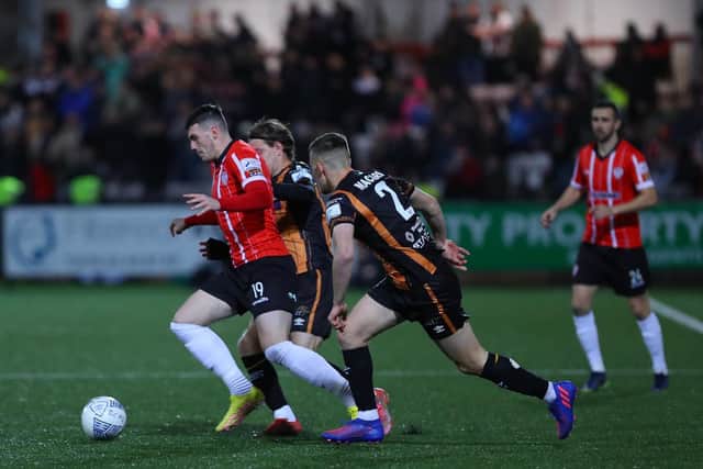 Ryan Graydon tries to make something happen for Derry City in the final third against Dundalk. Photo by Kevin Moore.
