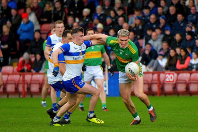 Errigal Ciaran's Aidan McCrory challenges Glen's Jack Doherty during the Ulster SCC quarter-final in Celtic Park. (Photo: George Sweeney)