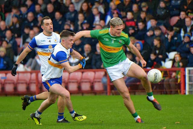 Glen’s Jack Doherty is challenged by Errigal Ciarn’s Ruairi Cavanagh during the Ulster Senior Club Championship quarter- final at Celtic Park on Sunday afternoon last. Photo: George Sweeney. DER2246GS - 022