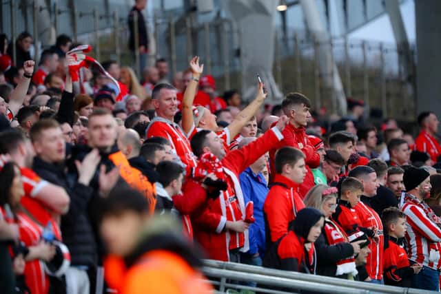 Derry City fans were in fine voice inside the Aviva Stadium but trouble broke out at the Shelbourne end after flares were thrown onto the pitch,